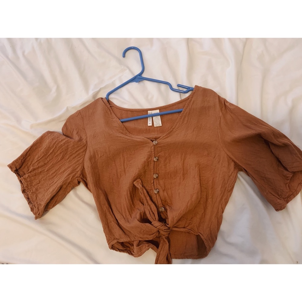 Orange/brown tie button down crop top